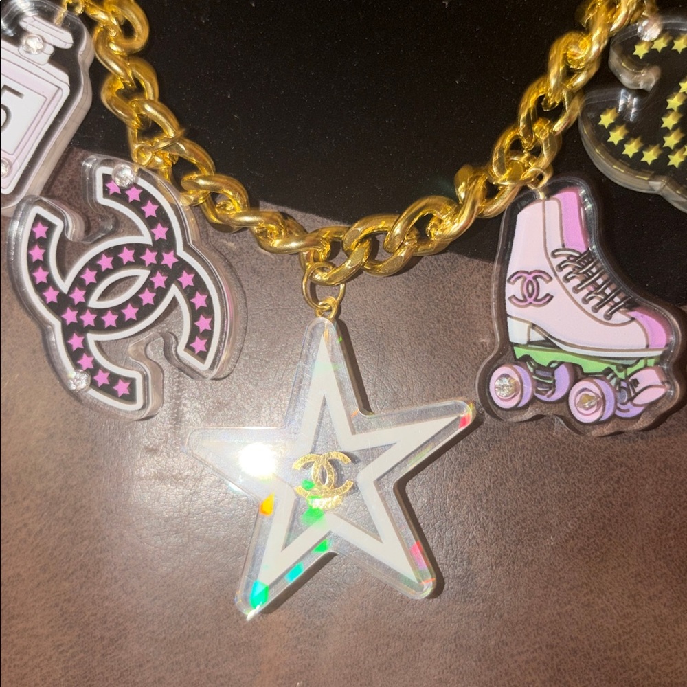 CHANEL Gold Chain Charm Necklace with Pink, White, Yellow & Black Enamel Charms - Picture 4 of 6